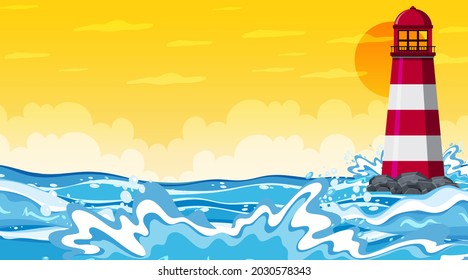 Strandlandschaft bei Sonnenuntergang mit Meereswellen-Illustration