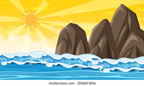 Beach landscape at sunset scene with ocean wave illustration