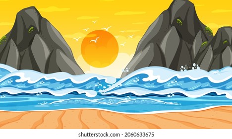 Paisaje de playa al atardecer con ilustración de olas oceánicas