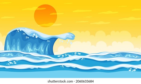 Beach landscape at sunset scene with ocean wave illustration