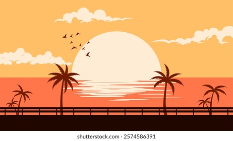 Beach landscape with sunset sky and palm tree and road guardrail. Vector illustration of seascape in sunset with flock of birds. Sea panorama in sunset with coconut tree and crash barrier silhouette