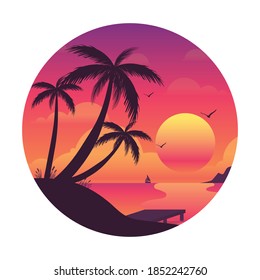 Beach Landscape Sunset Vector Illustration