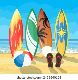 beach landscape with surf boards scene. Set of surfboards on a on tropical background. Vector illustration in flat style