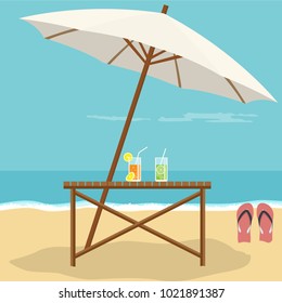 
Beach landscape with a table umbrella, sandals and caipirinha