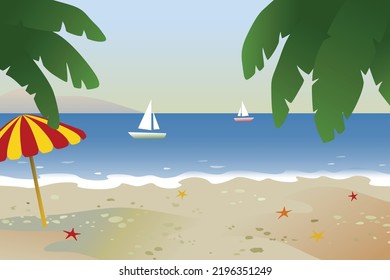 Beach landscape with two boats and umbrella