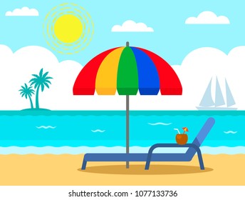 Beach landscape with beach umbrella, beach chair, cocktail, palm trees. Flat vector illustration
