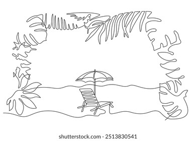 Paisagem da praia: guarda-chuva e espreguiçadeira perto da palmeira , desenho contínuo e editável de linha única. Folhas de palmeiras, plantas tropicais na forma de um quadro. Conceito de férias de verão. Vetor