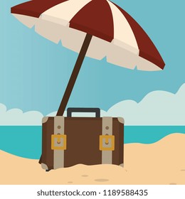 beach landscape with umbrella and suitcase