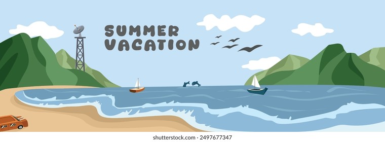 Ilustración vectorial de paisaje de playa. Arte vectorial de la costa. Ilustración de vacaciones de verano. Playa con vista a la montaña. Ilustración de la escena de la costa. Arte de playa panorámica.