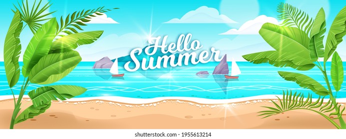 Beach landscape, vector summer sea nature background, ocean sand, island surf, blue sky, banana leaf. Tropical paradise vacation banner, exotic jungle resort illustration. Horizontal beach landscape