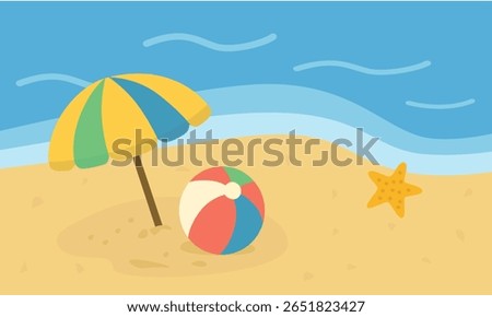 Beach landscape vector with umbrella, beach ball, sand and blue sea. Summer clipart in flat cartoon style.