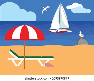 Beach landscape with white yacht flat design illustration, shade umbrella, deck chair, yellow sand, blue sea and sky. Vacation theme. Beautiful seascape for advertising, web design, typography.