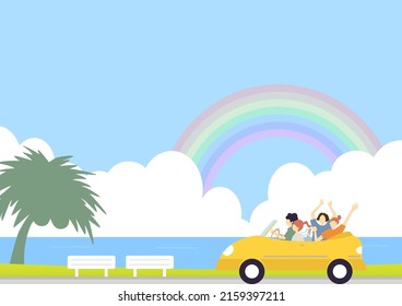 beach landscape and young people enjoying driving