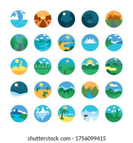 beach and Landscapes icon set over white background, flat style, vector illustration