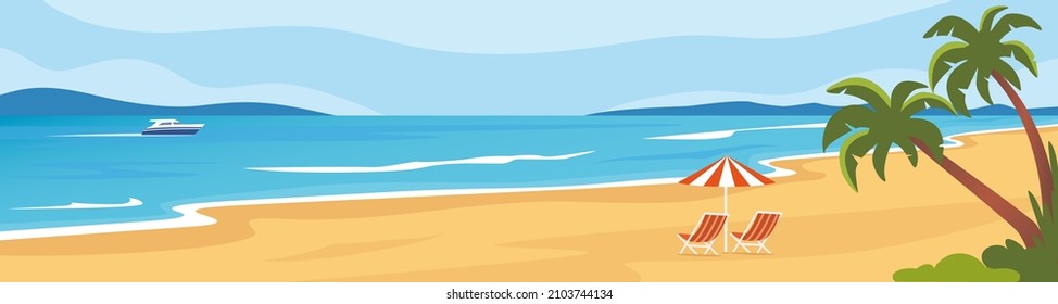 Beach lanscape with sea and palms, summer background. The seashore, mountains on the horizon, a boat sailing on the sea. Umbrella and sun loungers, beach holidays vector illustration