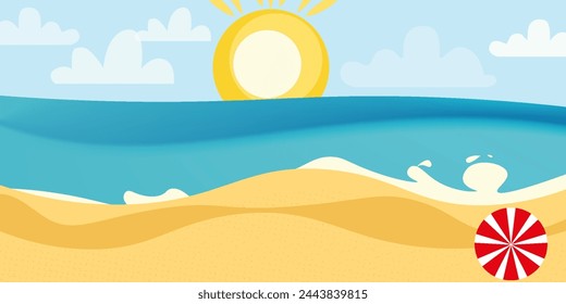 paisaje de playa con sol y palmeras, fondo de vector soleado con playa y mar