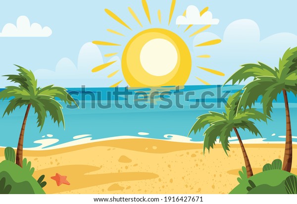 beach lanscape with sun and palms, sunny vector background with beach and sea