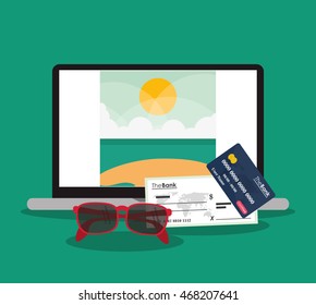 beach laptop glasses credit card icon. Vacation and Payment online design, vector illustration