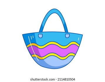 Beach large women's bag with a wave pattern. Vector illustration in cartoon childish style. Isolated funny clipart on white background. cute print