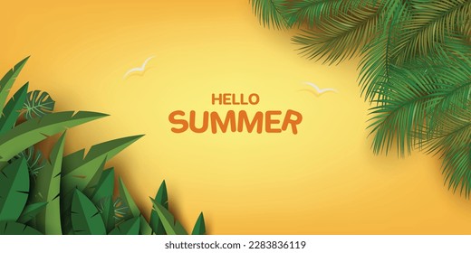 beach with leaf coconut and plant, jungle top view. summer banner concept background.