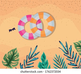 beach with leaves and floats top view design, Summer vacation and tropical theme Vector illustration