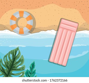 playa con hojas y flotas diseño de vista superior, vacaciones de verano y tema tropical Ilustración vectorial