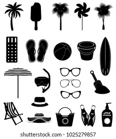beach leisure objects black outline silhouette stock vector illustration isolated on white background
