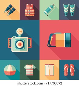 Beach leisure set of flat square icons with long shadows.