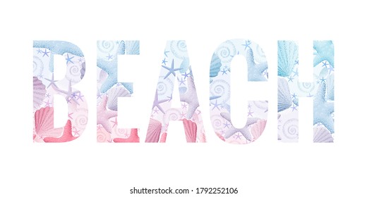 Beach lettering. Retro vector letters with seashells and starfishes. Vintage design element. Light and soft pastel colors