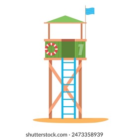 Beach life guard green wooden tower with flag and stairs isometric vector illustration. Lifeguard building seaside construction travel resort emergency help rescue protection safety security station