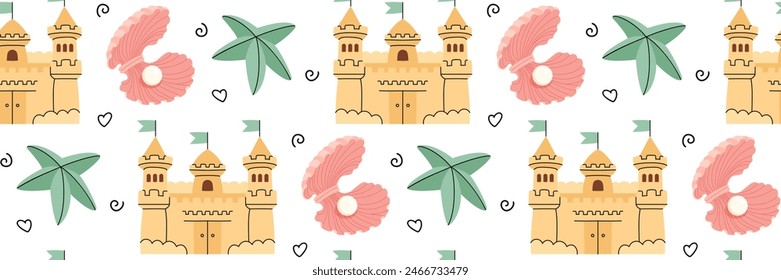 Beach life pattern. Cute summer background with sand castle, seashells, starfish and doodle elements. Suitable for textile design, packaging, wallpaper, brands. Vector flat illustration.