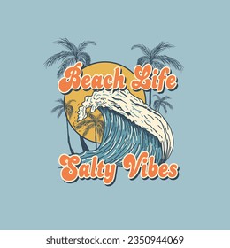 Beach Life Salty Vibes tipografía de verano brillo de sol árbol de palmeras