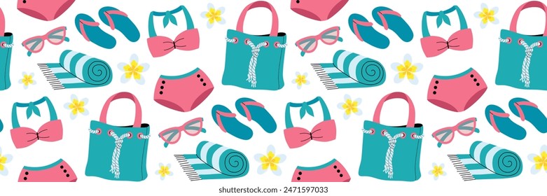 Beach life seamless pattern. Summer background with bag, swimsuit, towel, sandals, Plumeria. Tropical vacation. Suitable for textile design, packaging, wallpaper, scrapbooking. Vector illustration.