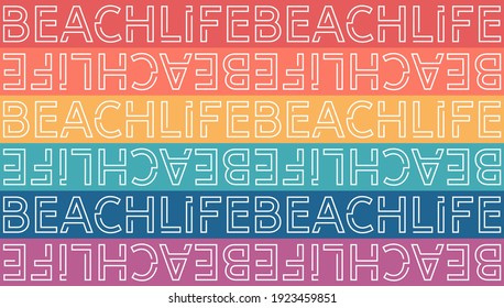 Patrón vectorial sin fisuras de la vida de la playa. Tiras arcoiris con fondo abstracto de texto blanco