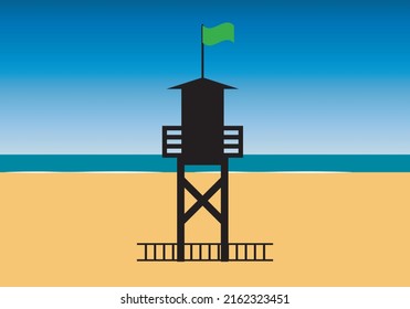 
Beach lifeguard booth with green flag on the beach. Green flag