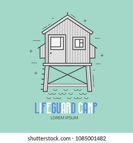 Beach lifeguard camp logo in thin line design. Life guard house or tower logotype or label template. Baywatch hut vector linear illustration.