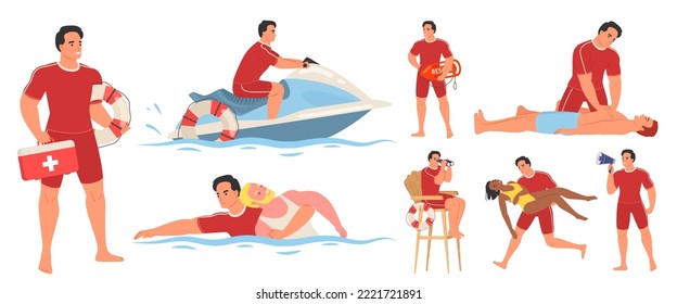Beach lifeguard character flat vector illustration. Water rescue duty. Rescuer man at work swimming on boat, saving woman and male person life, holding first aid kit or buoy scene
