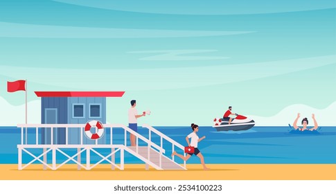 Guardar Socorrista de la playa conduce una moto de agua, corriendo a un hombre ahogado. Torre de salvavidas en la playa. Los rescatistas proporcionan ayuda de emergencia, salvando vidas. Ilustración vectorial