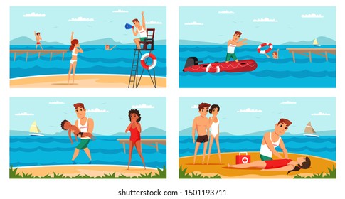 Beach Lifeguard Flat Vector Illustrations Set. Professional Rescuer Saving Drownings Cartoon Characters. Lifesaver Doing Artificial Respiration, Giving First Aid To Woman, Kids. Male Rescuer On Duty