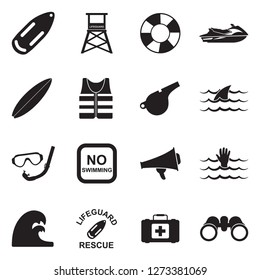 Beach Lifeguard Icons. Black Flat Design. Vector Illustration.