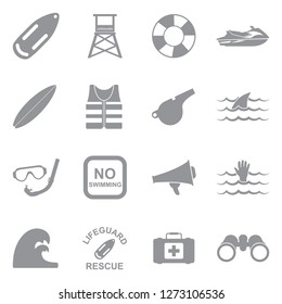 Beach Lifeguard Icons. Gray Flat Design. Vector Illustration.