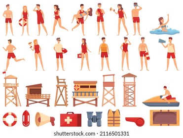 Beach lifeguard icons set cartoon vector. Swim sea. Man water life