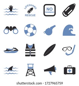 Beach Lifeguard Icons. Two Tone Flat Design. Vector Illustration.