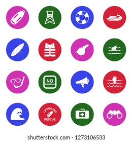 Beach Lifeguard Icons. White Flat Design In Circle. Vector Illustration. 