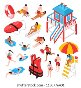 Beach lifeguard isometric set of lifeguard station rescue inventory and savers performing artificial respiration isolated vector illustration 