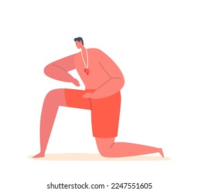 Beach Lifeguard Male Character Wear Red Shorts and Whistle Hanging on Neck Standing on Knee Isolated on White Background. Man Rescuer on Sea Shore. Cartoon People Vector Illustration