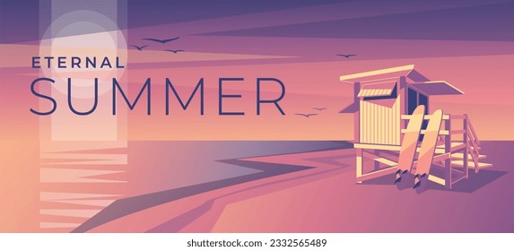 beach lifeguard observation post at sunset. Tables for surfing. Pink and purple. Gradient. Vector illustration