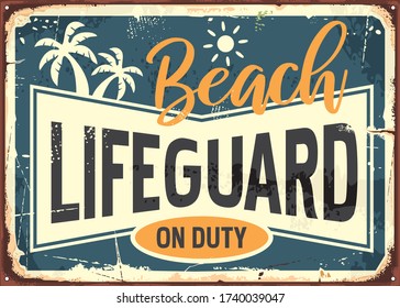 Beach lifeguard on duty retro summer sign info with sun and palm trees. Summer holiday banner. Sea and safe swimming vector graphic concept. 