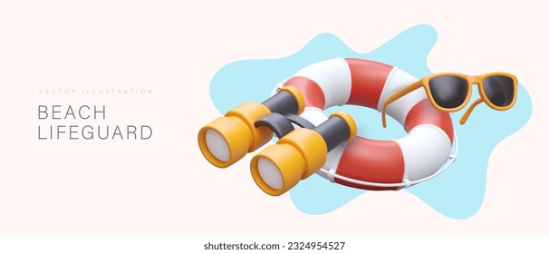 Beach lifeguard. Patrol on coast. 3D striped lifebuoy, binoculars, sunglasses. Bright illustration on neutral background. Place for announcement, text, logo