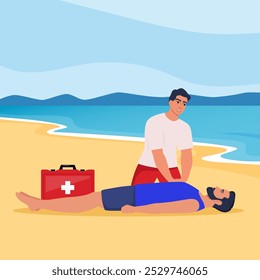 Beach lifeguard performs indirect heart massage to drowning man rescued from the water. Emergency drowning assistance situation. Cardio Pulmonary Resuscitation. Vector